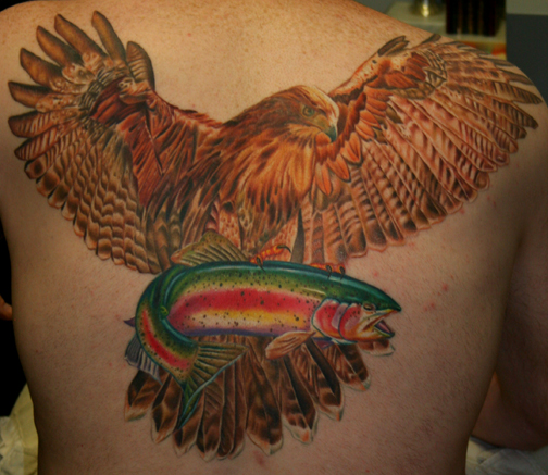 Tattoos - Tim Harris - Red Tailed Hawk and Rainbow Trout 